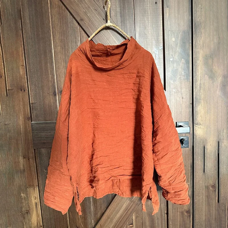 Autumn Retro Loose Linen Pleated Turtleneck Blouse