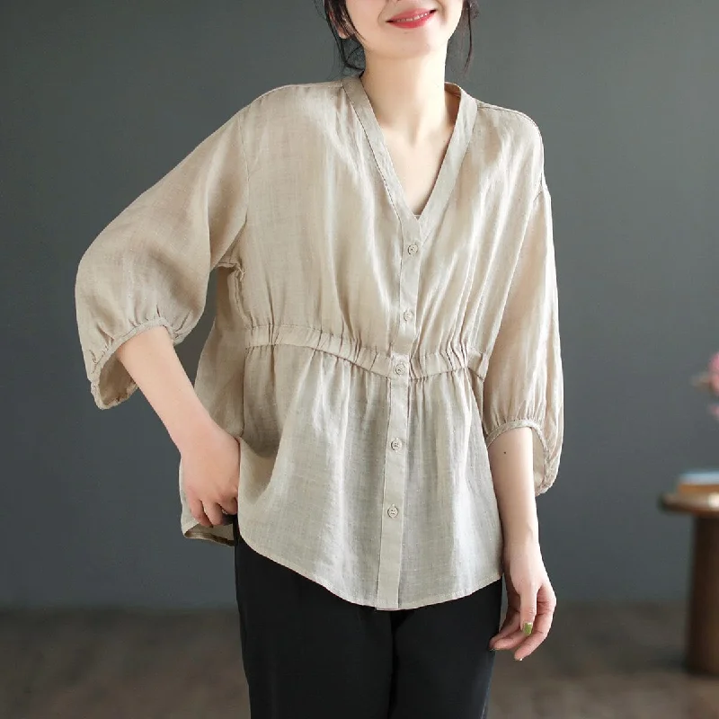 Spring Linen Retro V-Neck Loose Blouse