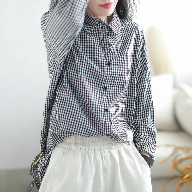 Autumn Casual Minimalist Plaid Cotton Loose Blouse