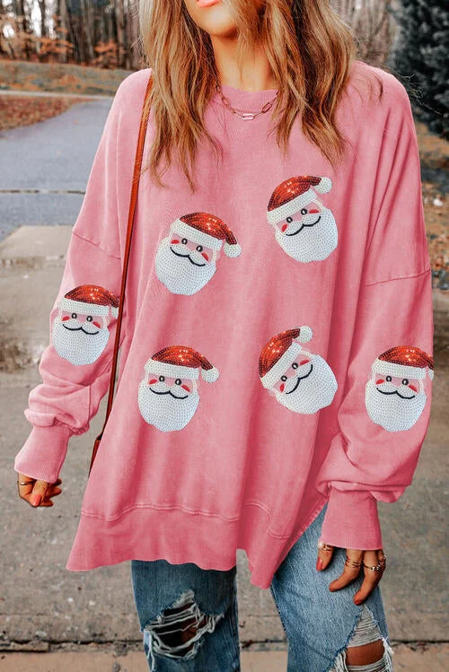 TastyHottie - Sequin Santa Round Neck Slit  Christmas Sweatshirt